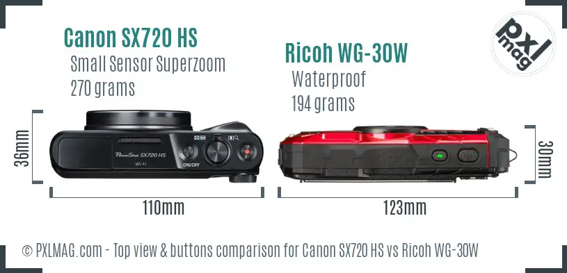Canon SX720 HS vs Ricoh WG-30W top view buttons comparison
