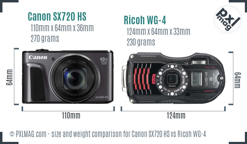 Canon SX720 HS vs Ricoh WG-4 size comparison