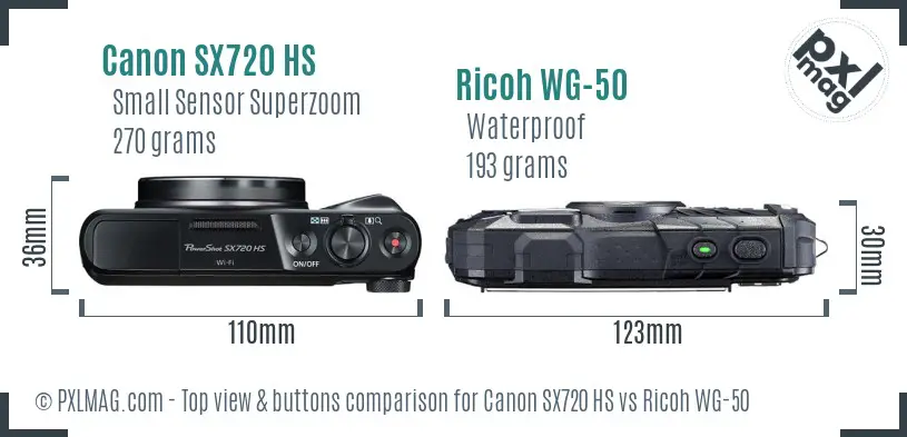 Canon SX720 HS vs Ricoh WG-50 top view buttons comparison Canon SX720 HS vs Ricoh WG-50 top view buttons comparison