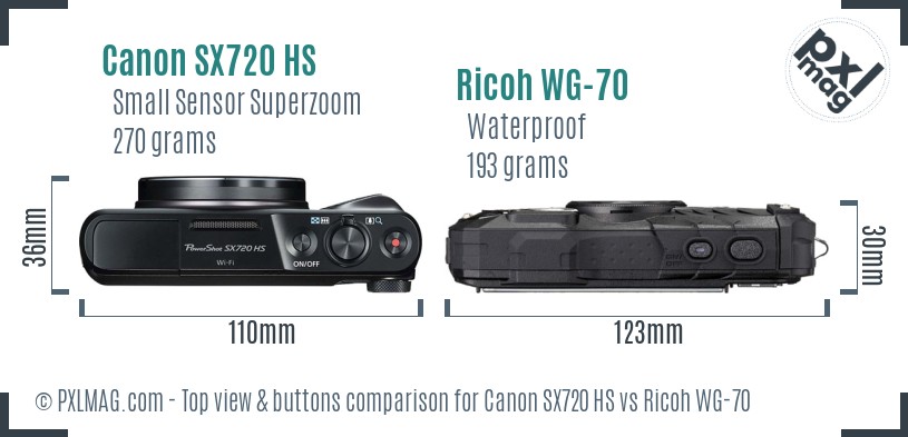 Canon SX720 HS vs Ricoh WG-70 top view buttons comparison