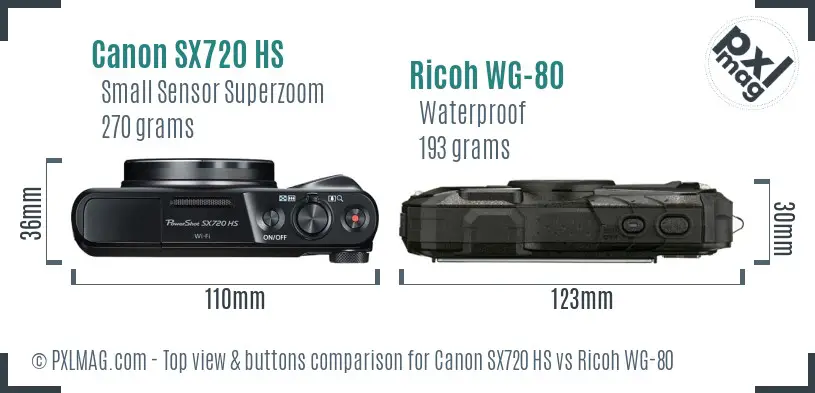 Canon SX720 HS vs Ricoh WG-80 top view buttons comparison Canon SX720 HS vs Ricoh WG-80 top view buttons comparison