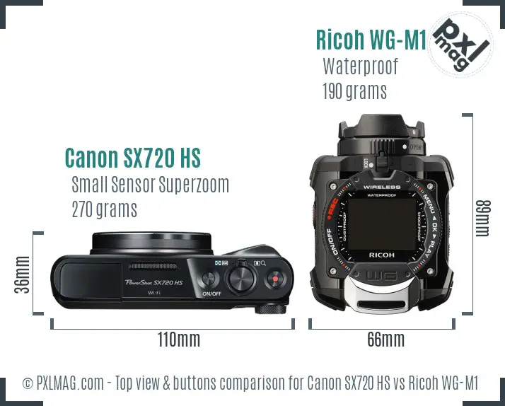 Canon SX720 HS vs Ricoh WG-M1 top view buttons comparison