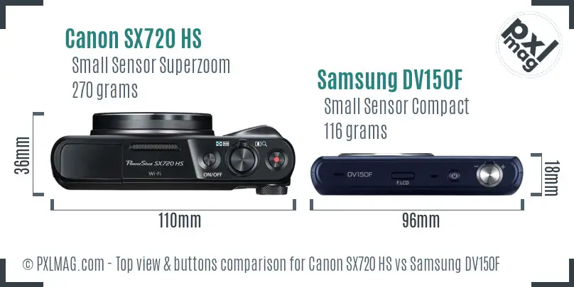 Canon SX720 HS vs Samsung DV150F top view buttons comparison