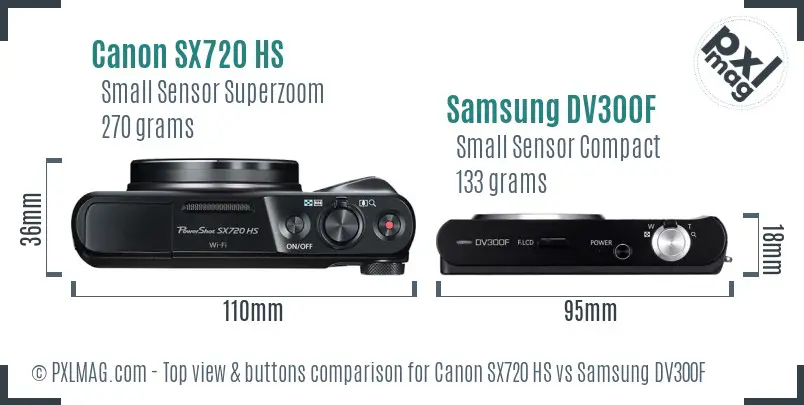 Canon SX720 HS vs Samsung DV300F top view buttons comparison Canon SX720 HS vs Samsung DV300F top view buttons comparison