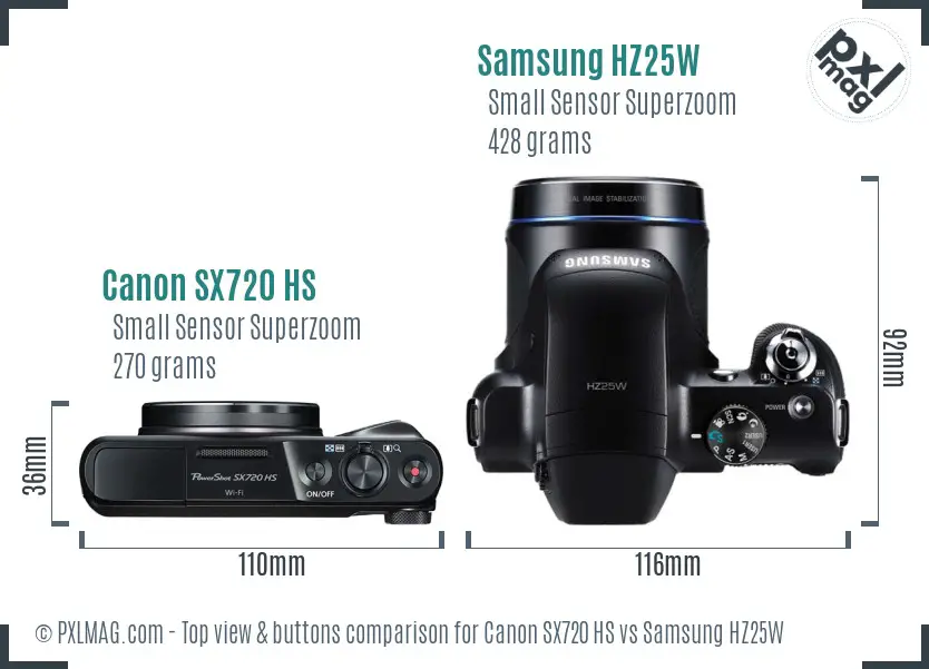Canon SX720 HS vs Samsung HZ25W top view buttons comparison