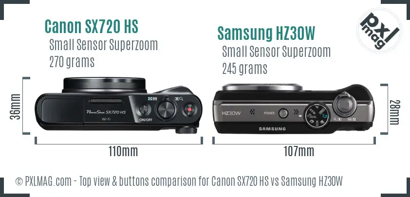 Canon SX720 HS vs Samsung HZ30W top view buttons comparison Canon SX720 HS vs Samsung HZ30W top view buttons comparison