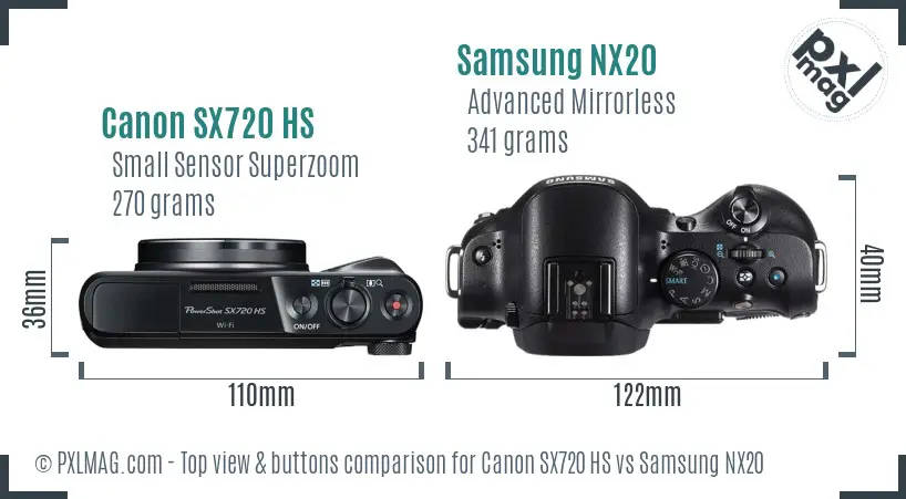 Canon SX720 HS vs Samsung NX20 top view buttons comparison