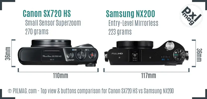 Canon SX720 HS vs Samsung NX200 top view buttons comparison Canon SX720 HS vs Samsung NX200 top view buttons comparison
