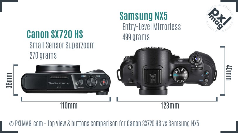 Canon SX720 HS vs Samsung NX5 top view buttons comparison
