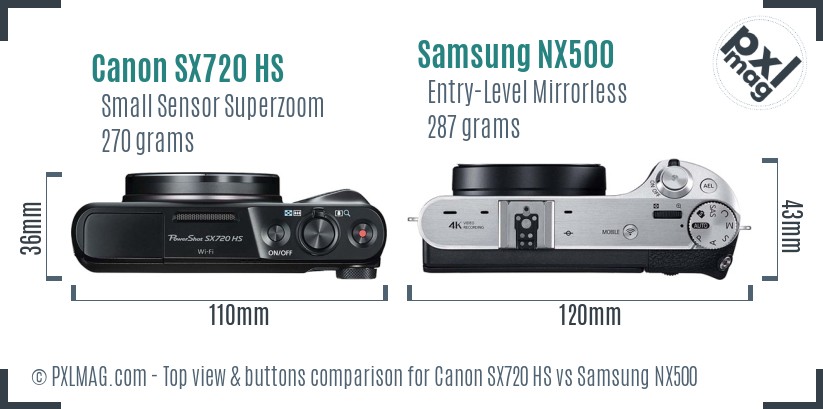 Canon SX720 HS vs Samsung NX500 top view buttons comparison