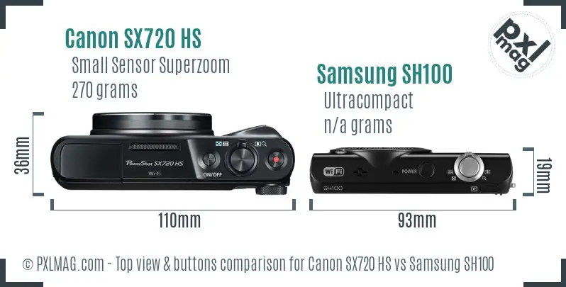 Canon SX720 HS vs Samsung SH100 top view buttons comparison Canon SX720 HS vs Samsung SH100 top view buttons comparison