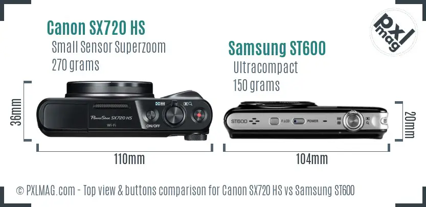 Canon SX720 HS vs Samsung ST600 top view buttons comparison Canon SX720 HS vs Samsung ST600 top view buttons comparison