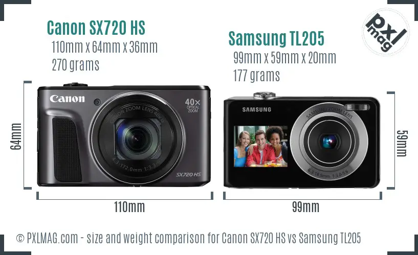 Canon SX720 HS vs Samsung TL205 size comparison