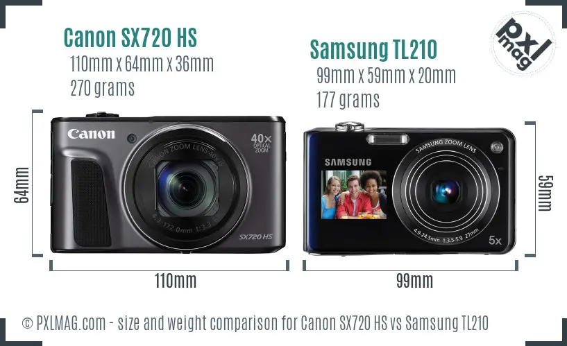 Canon SX720 HS vs Samsung TL210 size comparison