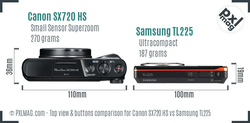Canon SX720 HS vs Samsung TL225 top view buttons comparison Canon SX720 HS vs Samsung TL225 top view buttons comparison