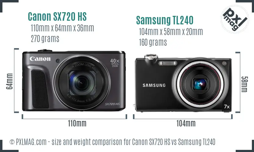 Canon SX720 HS vs Samsung TL240 size comparison