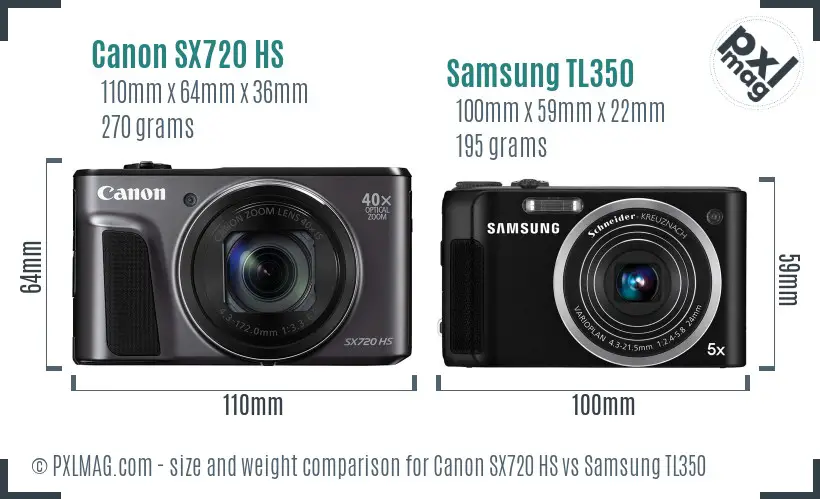 Canon SX720 HS vs Samsung TL350 size comparison