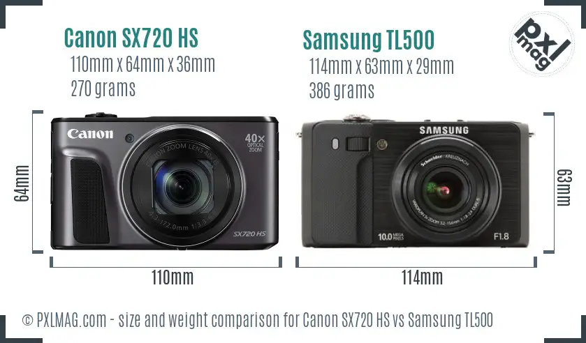 Canon SX720 HS vs Samsung TL500 size comparison