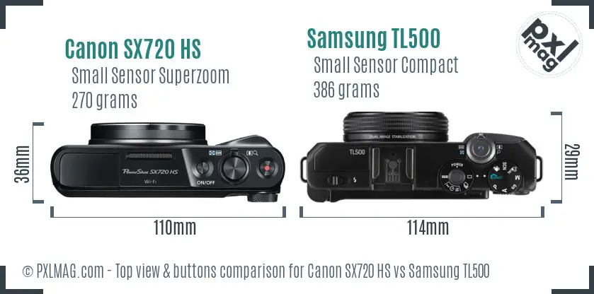 Canon SX720 HS vs Samsung TL500 top view buttons comparison