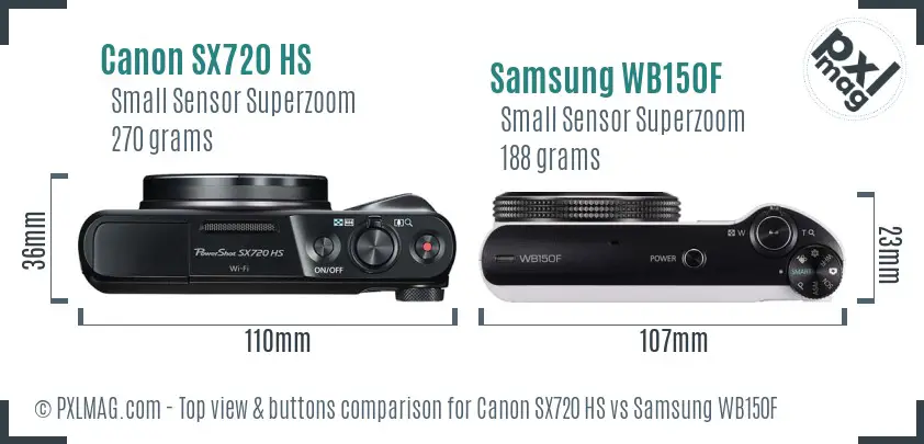 Canon SX720 HS vs Samsung WB150F top view buttons comparison Canon SX720 HS vs Samsung WB150F top view buttons comparison