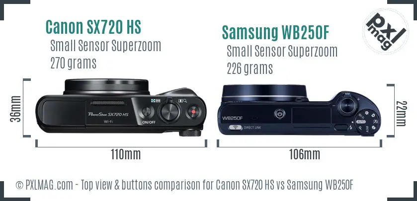 Canon SX720 HS vs Samsung WB250F top view buttons comparison Canon SX720 HS vs Samsung WB250F top view buttons comparison