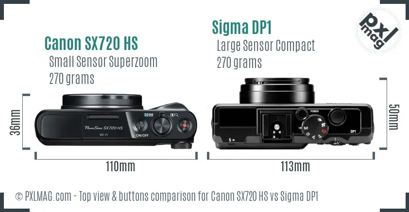 Canon SX720 HS vs Sigma DP1 top view buttons comparison Canon SX720 HS vs Sigma DP1 top view buttons comparison
