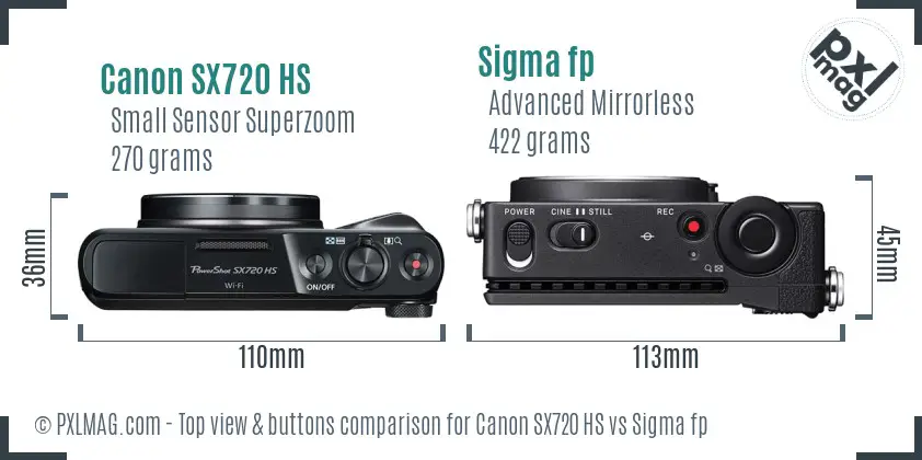 Canon SX720 HS vs Sigma fp top view buttons comparison