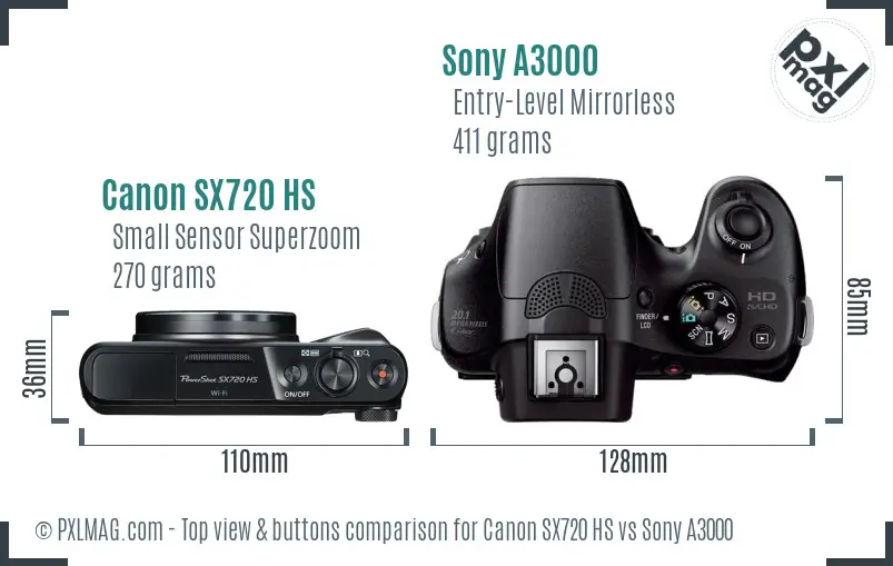 Canon SX720 HS vs Sony A3000 top view buttons comparison