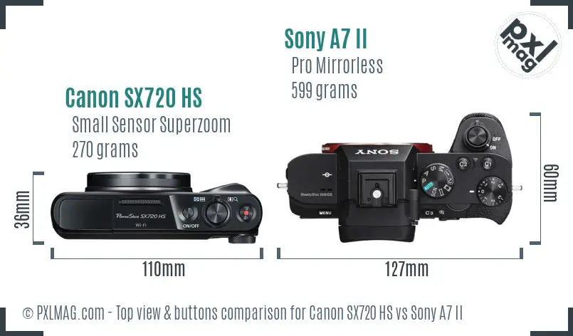 Canon SX720 HS vs Sony A7 II top view buttons comparison