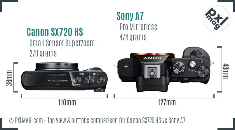 Canon SX720 HS vs Sony A7 top view buttons comparison
