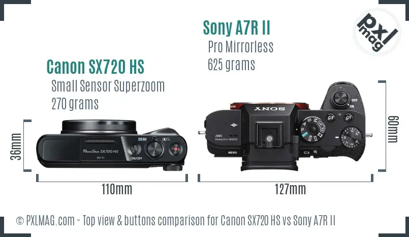 Canon SX720 HS vs Sony A7R II top view buttons comparison Canon SX720 HS vs Sony A7R II top view buttons comparison
