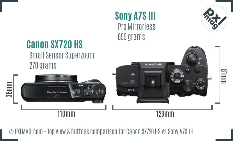 Canon SX720 HS vs Sony A7S III top view buttons comparison