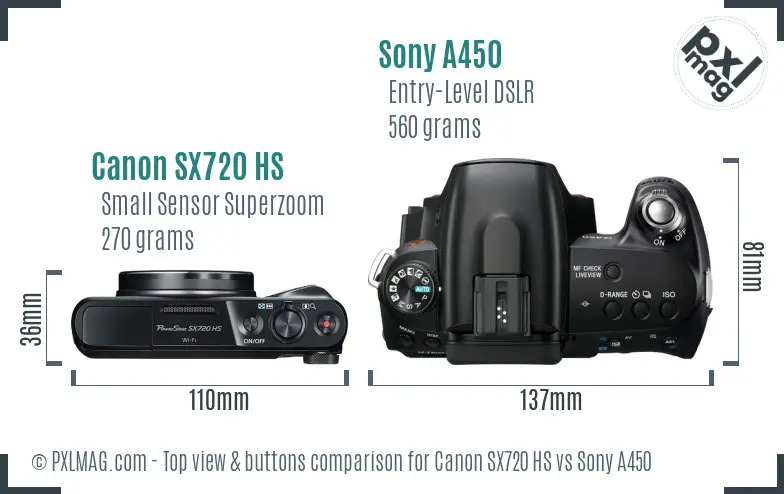 Canon SX720 HS vs Sony A450 top view buttons comparison Canon SX720 HS vs Sony A450 top view buttons comparison
