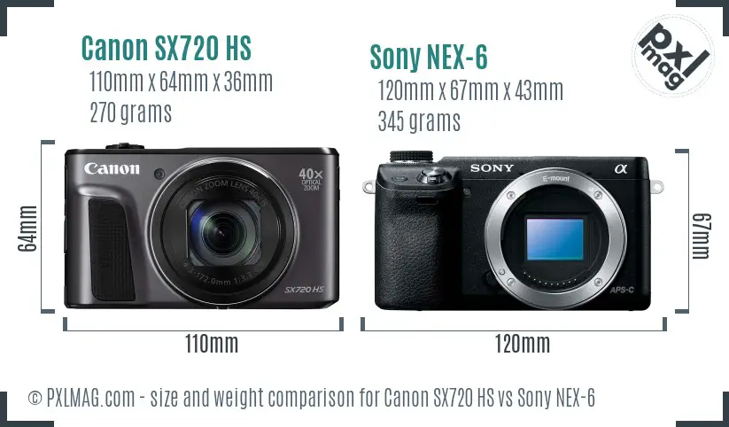 Canon SX720 HS vs Sony NEX-6 size comparison