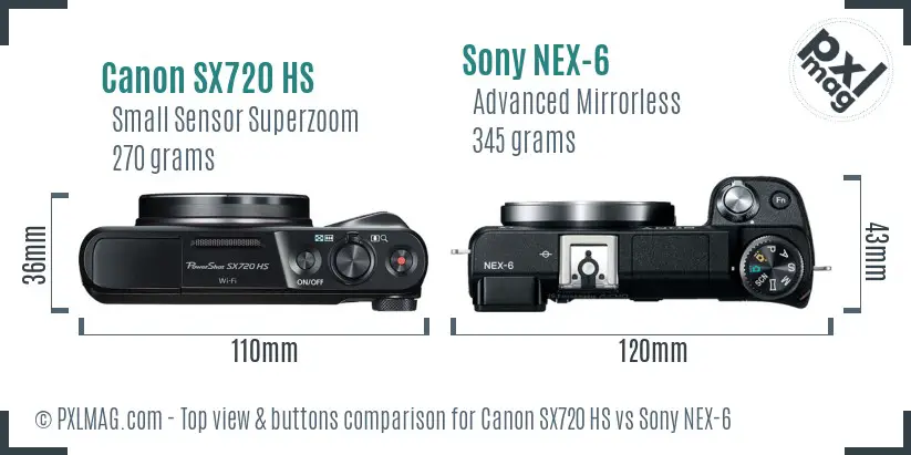 Canon SX720 HS vs Sony NEX-6 top view buttons comparison