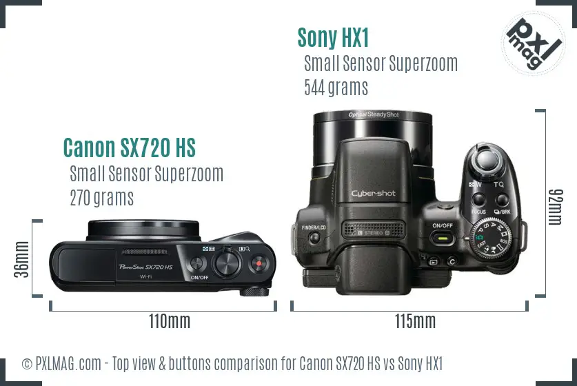 Canon SX720 HS vs Sony HX1 top view buttons comparison