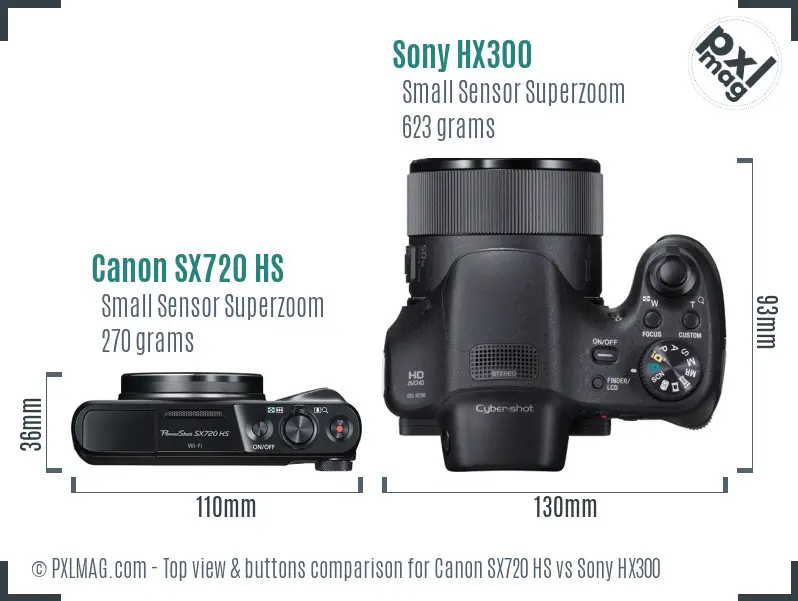 Canon SX720 HS vs Sony HX300 top view buttons comparison