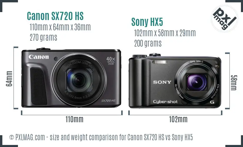 Canon SX720 HS vs Sony HX5 size comparison