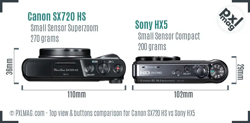 Canon SX720 HS vs Sony HX5 top view buttons comparison