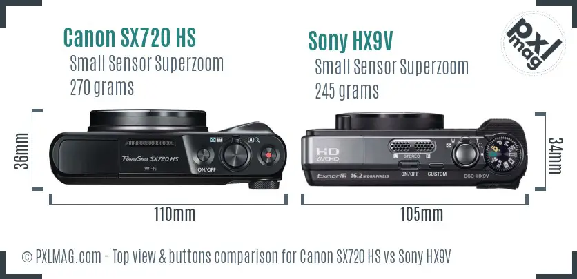 Canon SX720 HS vs Sony HX9V top view buttons comparison
