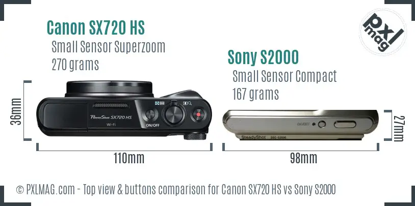Canon SX720 HS vs Sony S2000 top view buttons comparison