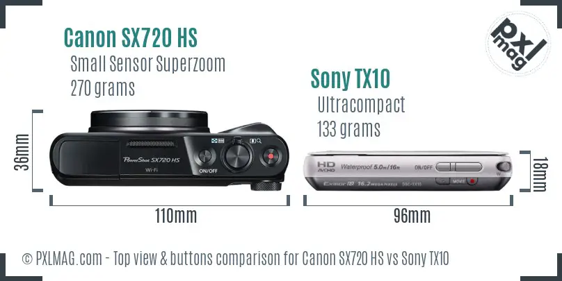 Canon SX720 HS vs Sony TX10 top view buttons comparison