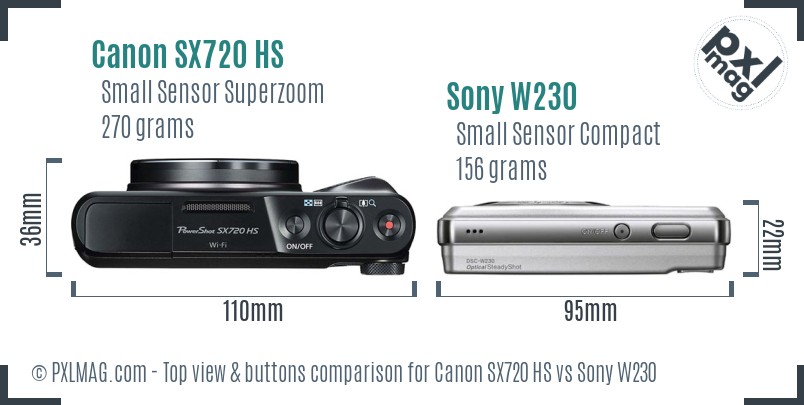 Canon SX720 HS vs Sony W230 top view buttons comparison
