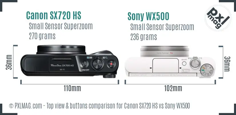 Canon SX720 HS vs Sony WX500 top view buttons comparison Canon SX720 HS vs Sony WX500 top view buttons comparison