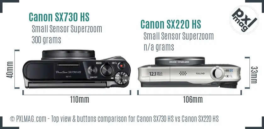 Canon SX730 HS vs Canon SX220 HS top view buttons comparison