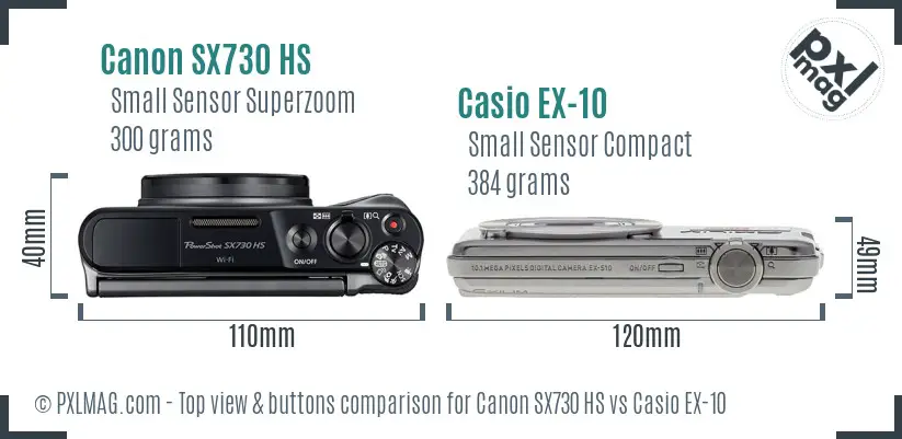 Canon SX730 HS vs Casio EX-10 top view buttons comparison