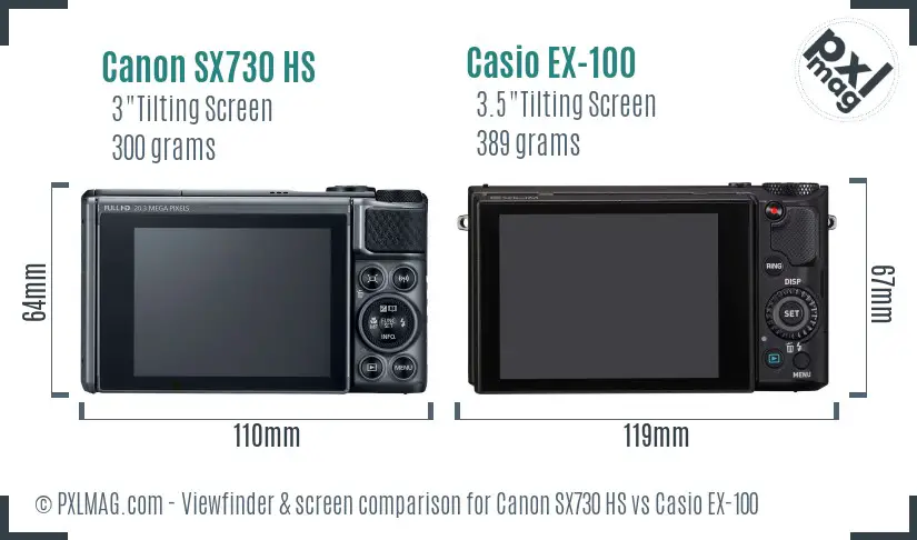 Canon SX730 HS vs Casio EX-100 Screen and Viewfinder comparison