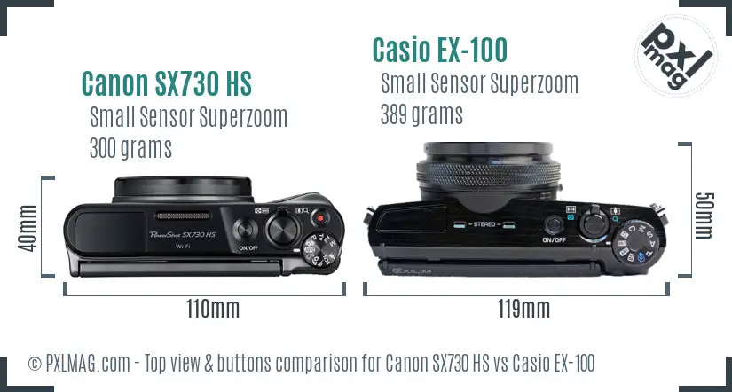 Canon SX730 HS vs Casio EX-100 top view buttons comparison