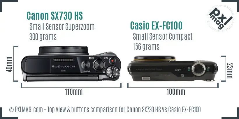 Canon SX730 HS vs Casio EX-FC100 top view buttons comparison