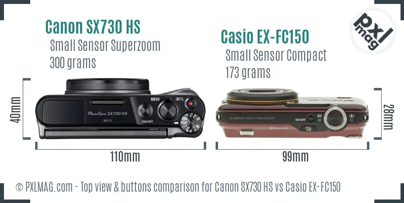 Canon SX730 HS vs Casio EX-FC150 top view buttons comparison Canon SX730 HS vs Casio EX-FC150 top view buttons comparison